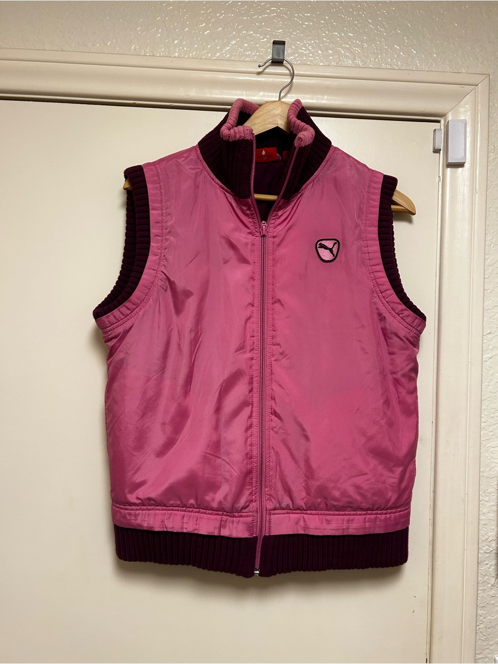 Puma Pink Quilted-Style Kids Vest with Dark Magenta Trim